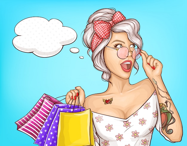 Retrato de mulher de moda com ilustração de sacos de compras