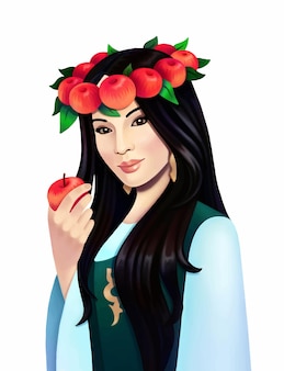 Retrato digital de menina asiática em traje tradicional com coroa de maçã e maçã na mão