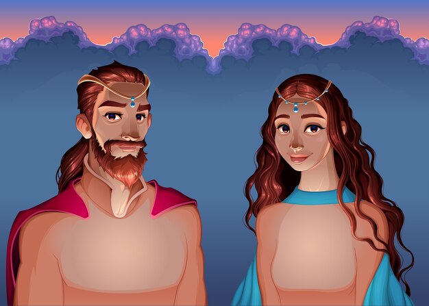 Retrato dos desenhos animados de um rei e uma rainha.