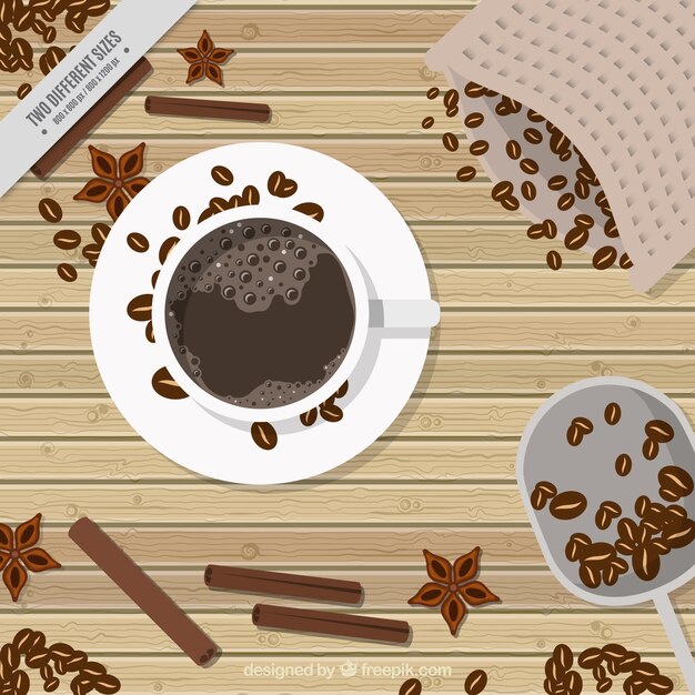 Retro fundo de grãos de café e de café em vista de cima
