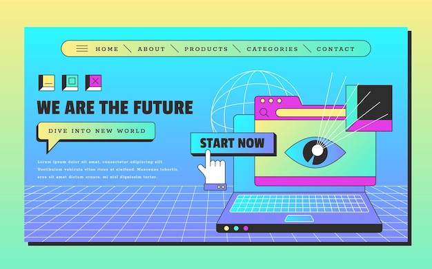 Retro vaporwave landing page com aba do navegador do laptop e janela aberta