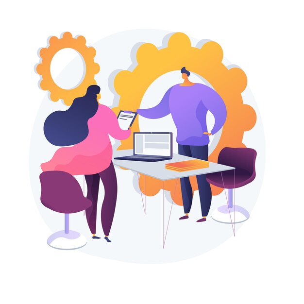 Reunião de parceiros de negócios. Consultor financeiro, advogado e personagens de desenhos animados do cliente. Entrevista de trabalho, negociação com colegas de trabalho, assinatura de contrato de trabalho.