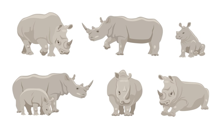 Vetor grátis rinoceronte com conjunto de ilustração dos desenhos animados de animais jovens. personagem de rinoceronte cinza em diferentes posições, andando, deitado e sentado no fundo branco. animal, família, conceito de vida selvagem