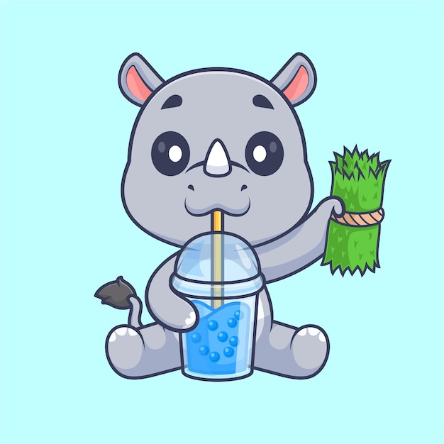 Vetor grátis rinoceronte fofo bebendo chá de leite de boba com grama ilustração de ícone vetorial de desenho animado bebida animal isolada