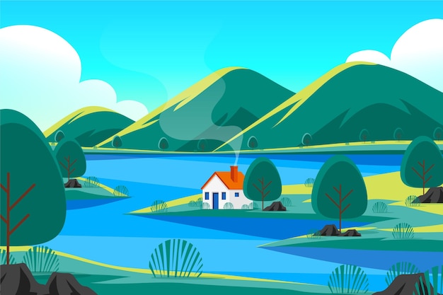 Rio desenhado à mão e paisagem de casa