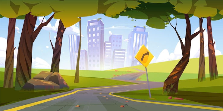 Vetor grátis road to city building cartoon vector game background cityscape street sunny landscape scene with sky and skyscraper house view highway to modern town through summer nature design illustration