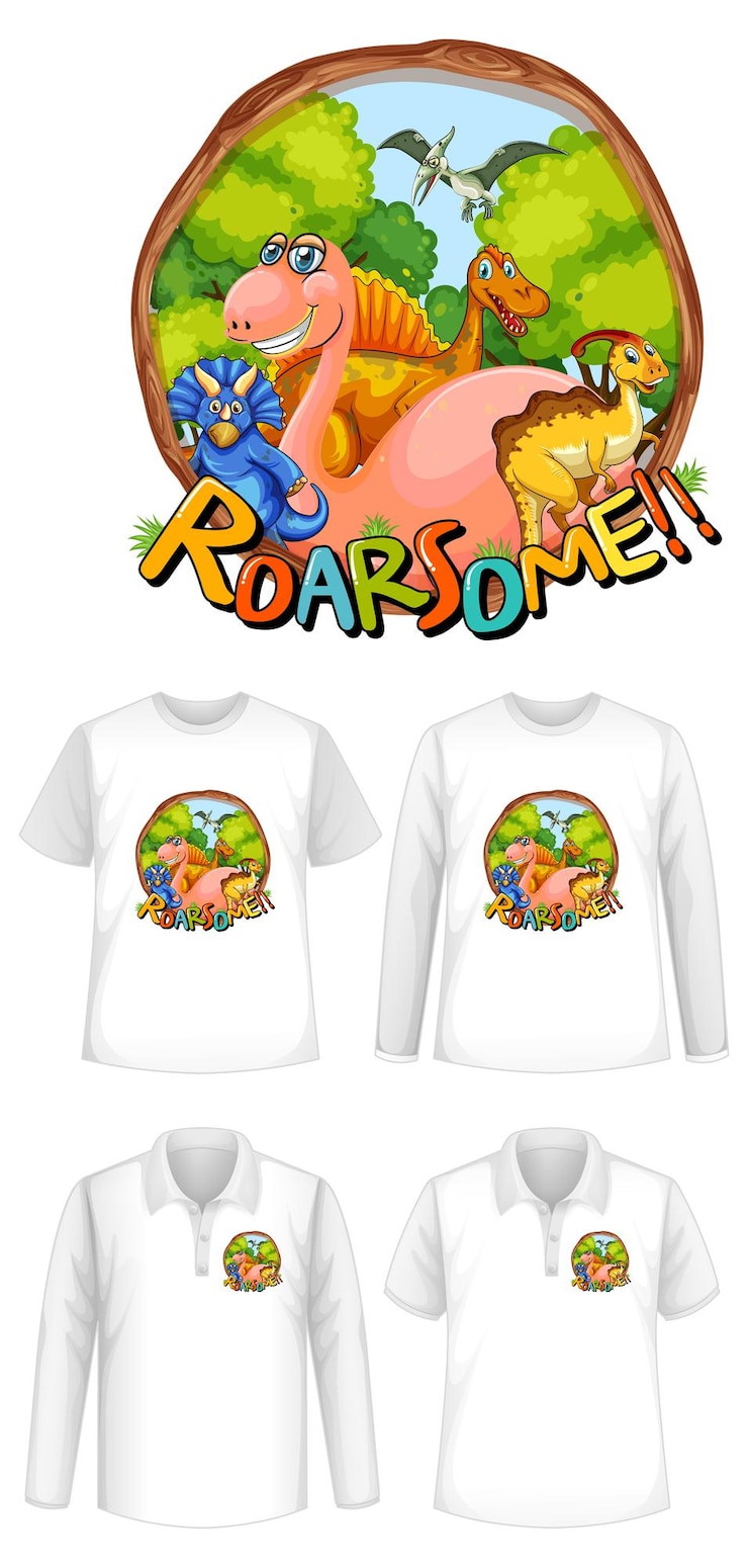 Vetor grátis roar some font e logotipo do personagem de desenho animado dinosaur com diferentes tipos de camisas
