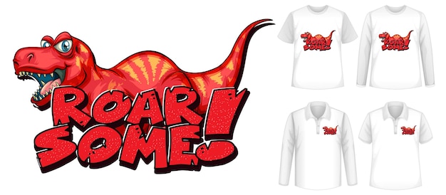 Vetor grátis roar some font e logotipo do personagem de desenho animado dinosaur com diferentes tipos de camisas