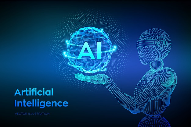 Robô de estrutura de arame. AI Inteligência artificial na mão robótica. Aprendizado de máquina e conceito de dominação da mente cibernética.