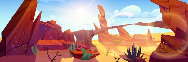 Rocha e desfiladeiro no deserto jogo paisagem de desenho animado eua terreno rochoso ilustração de fundo seca vazia formação do vale do arizona arco de pedra de areia castanha cactus tumbleweed cena panorâmica