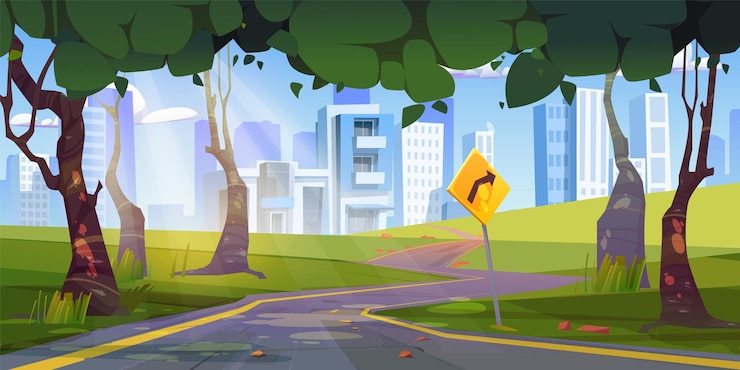 Vetor grátis rodovia florestal de verão para a cidade moderna ilustração de desenho animado vetorial da perspectiva da estrada com sinal de seta de tráfego folhagem verde nas árvores céu ensolarado acima da paisagem urbana moderna edifícios urbanos no horizonte