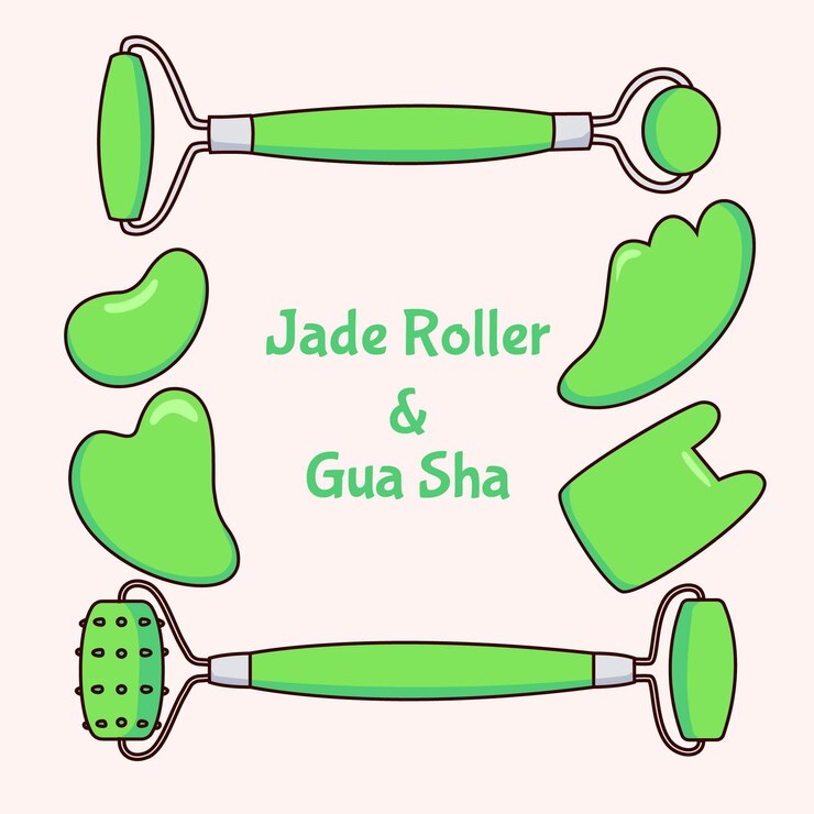 Vetor grátis rolo de jade desenhado à mão e conjunto de gua sha