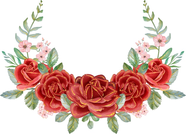 Rosa vermelha com coroa floral em aquarela linha dourada elementos florais luxuosos fundo botânico ou estampas de design de papel de parede e convites e cartões postais