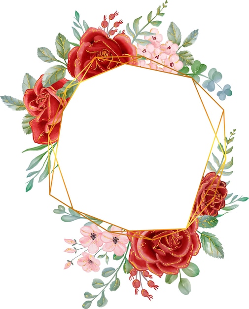 Rosa vermelha com linha dourada moldura floral hexagonal em aquarela elementos florais luxuosos fundo botânico ou papel de parede estampas e convites e cartões postaisimprimir