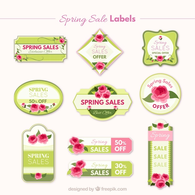 Vetor grátis rosas de vendas da primavera as etiquetas ajustadas