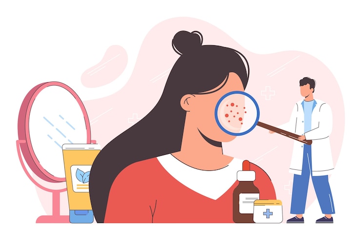 Vetor grátis rosto de mulher plana com doenças de pele erupções cutâneas problemas de acne ou dermatologia médico dermatologista ou cosmetologia com vidro de lupa examinando cabeça feminina enorme com vermelhidão ou espinhas de dermatite facial