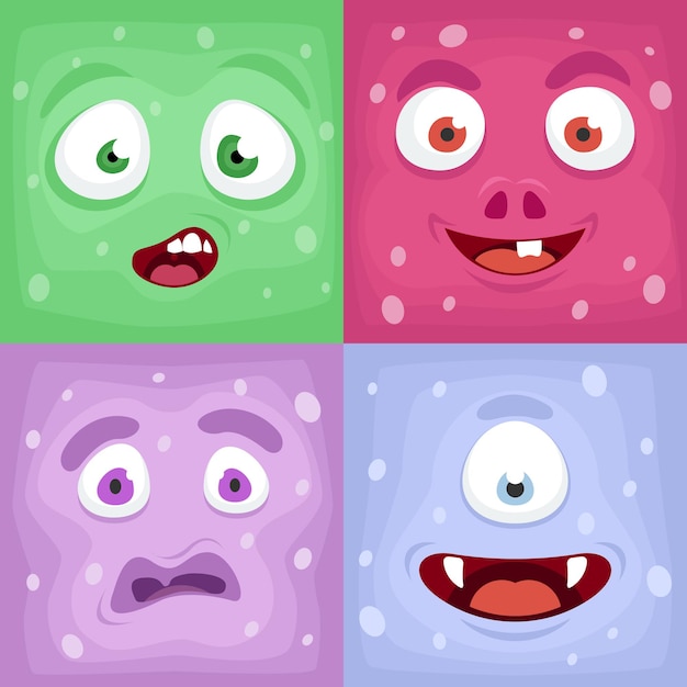 Vetor grátis rostos de monstros quadrados. coleção emocional de rosto bizarro