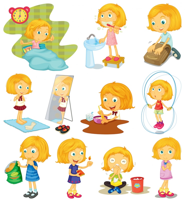 Vetor grátis rotina diária de uma ilustração de menina