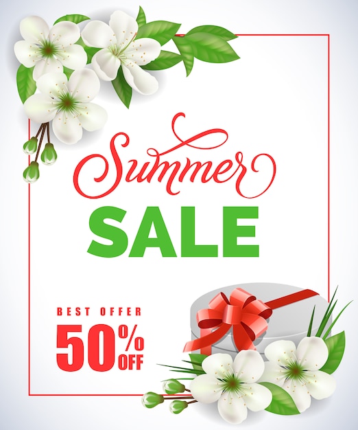 Rotulação de venda verão com no quadro com flores de maçã e caixa de presente em fundo branco