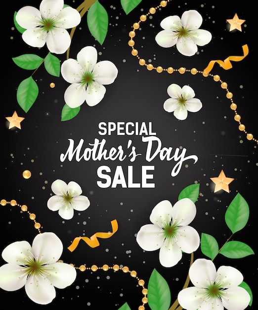 Rotulação especial da venda da dia da mãe com guirlandas e flores. propaganda da venda do dia das mães
