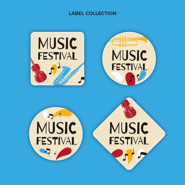 Rótulos coloridos de festivais de música desenhados à mão