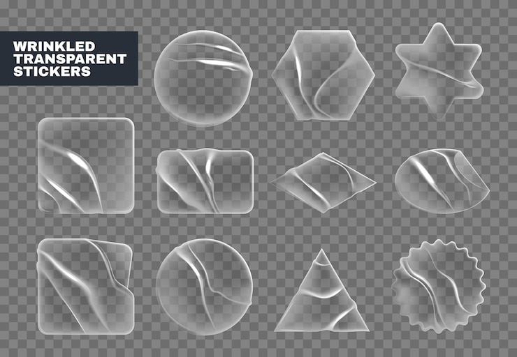 Vetor grátis rótulos de adesivos realistas transparentes com molduras de vidro isoladas com rugas e estrutura de superfície de gradiente fosco ilustração em vetor