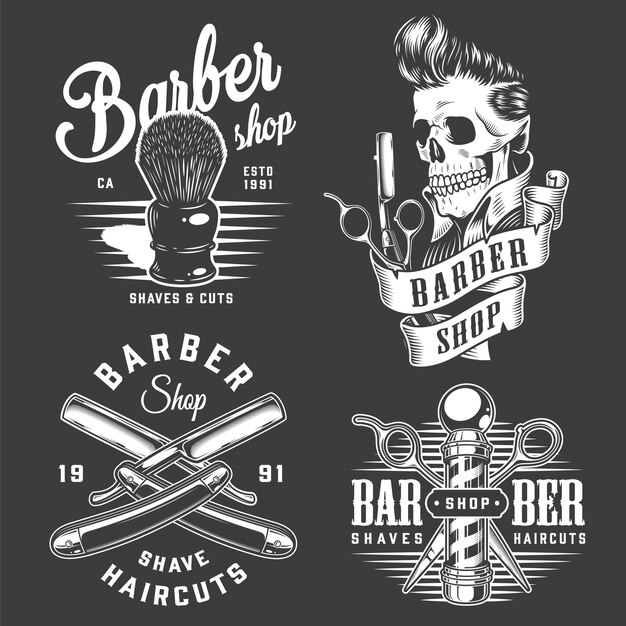Rótulos de barbearia monocromático vintage