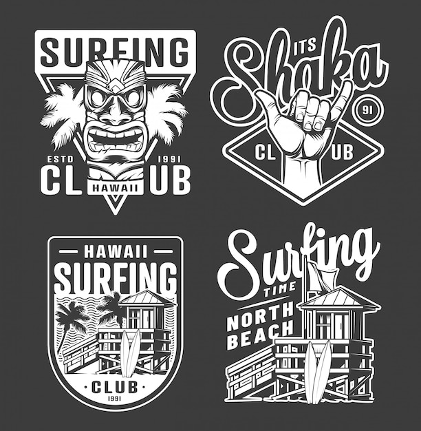 Rótulos de clube de surf monocromático vintage