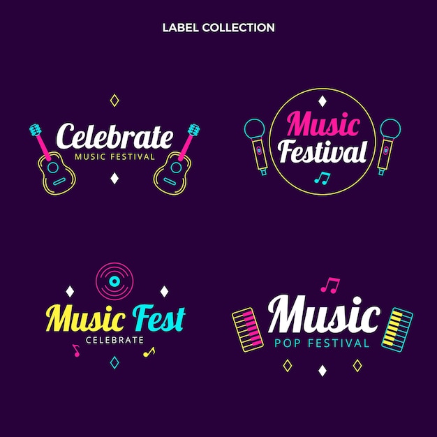 Vetor grátis rótulos de festivais de música coloridos desenhados à mão