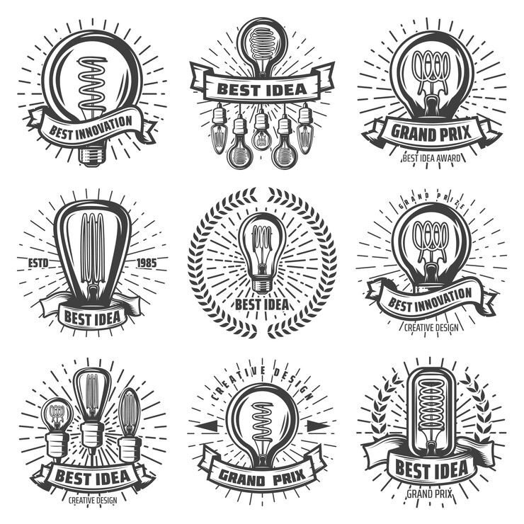 Vetor grátis rótulos de lâmpadas vintage com eficiência energética com inscrições diferentes lâmpadas