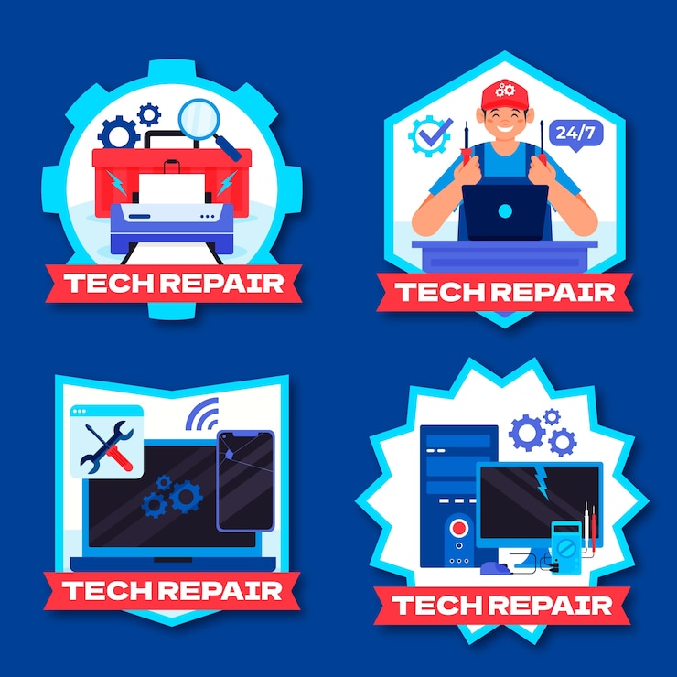 Vetor grátis rótulos de reparação de tecnologia de design plano