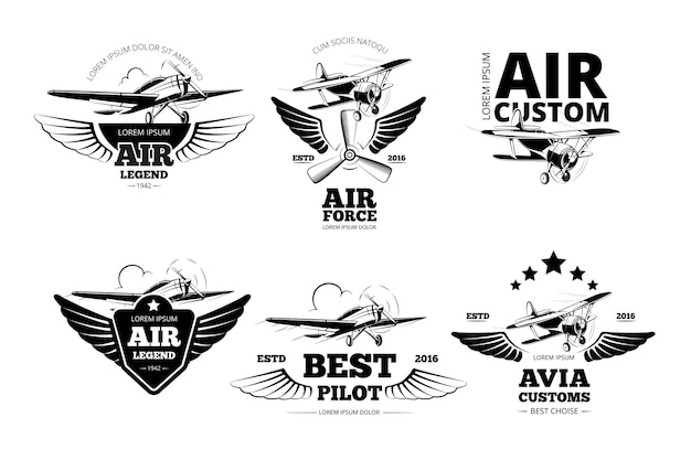 Vetor grátis rótulos de vetor de emblemas de avião. logotipo da aviação, vôo e ilustração do melhor piloto