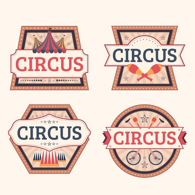 Vetor grátis rótulos divertidos de circo vintage de design plano