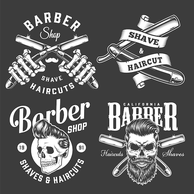 Rótulos monocromáticos de barbearia vintage