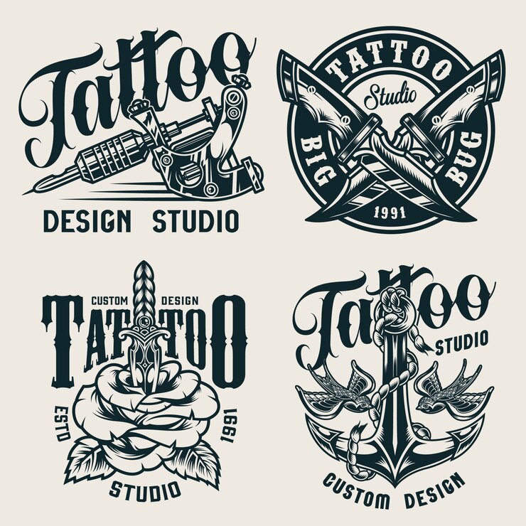 Vetor grátis rótulos monocromáticos de estúdio de tatuagem vintage