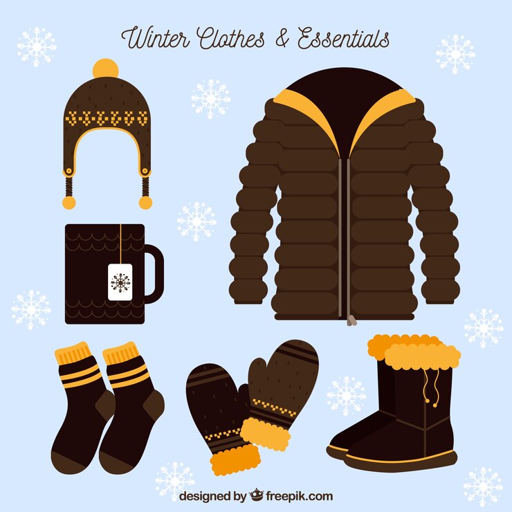 Vetor grátis roupa desenhada mão de inverno e itens essenciais