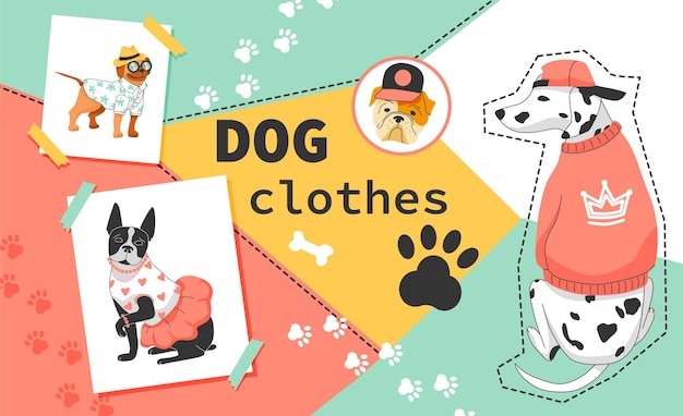 Vetor grátis roupas de cachorro colagem plana com animais de estimação bonitos de desenho animado vestidos com saia de jaqueta e ilustração vetorial de suéter