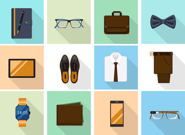 Vetor grátis roupas de empresário e gadgets em estilo simples. sapatos da moda e notebook e carteira, smartphone e smartglasses.