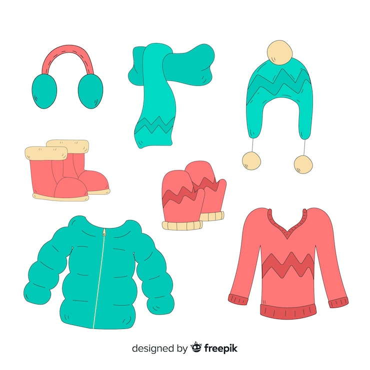 Vetor grátis roupas de inverno desenhadas a mão e essenciais