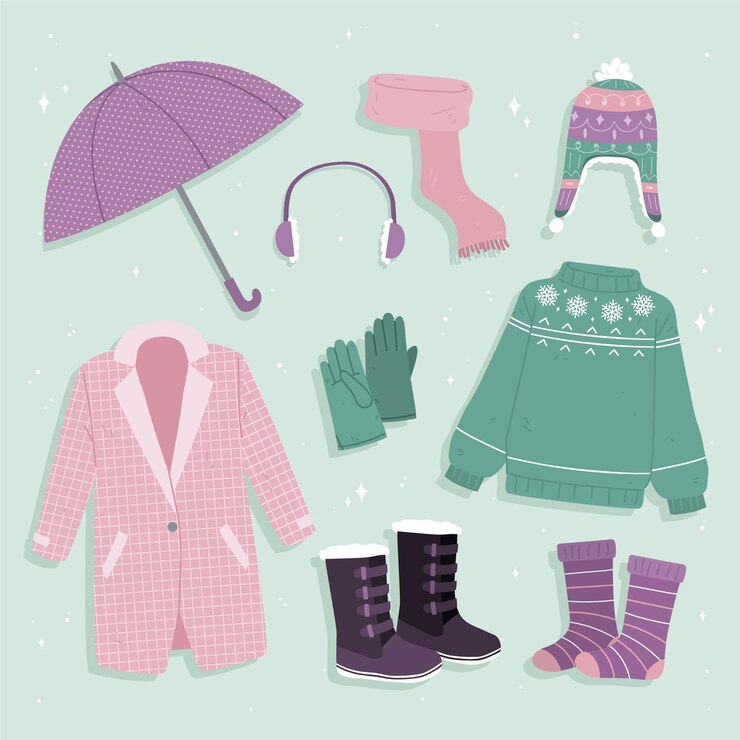Vetor grátis roupas de inverno desenhadas à mão e essenciais