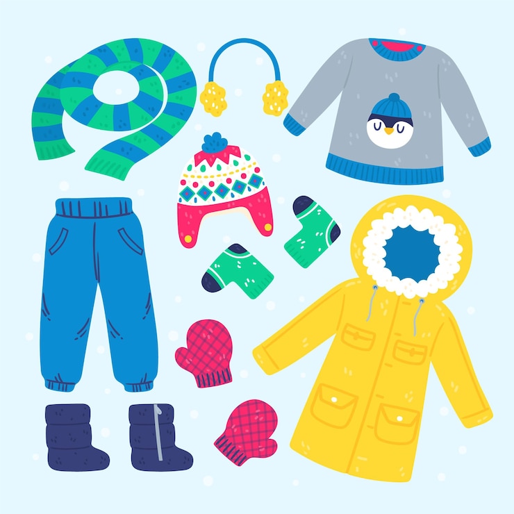 Vetor grátis roupas de inverno desenhadas à mão e essenciais