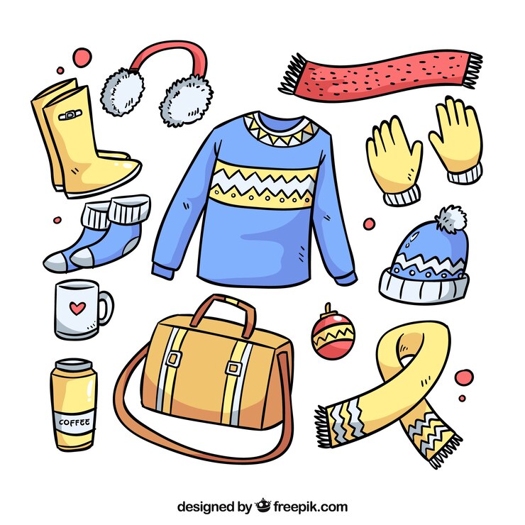 Vetor grátis roupas de inverno desenhadas à mão e itens essenciais