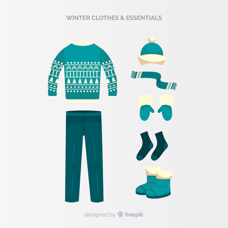 Vetor grátis roupas de inverno e coleção de essenciais