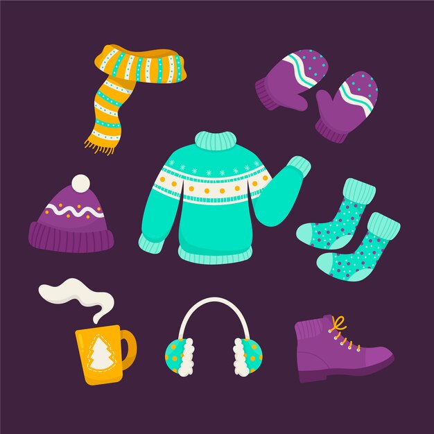 Roupas de inverno mão desenhada e essentials