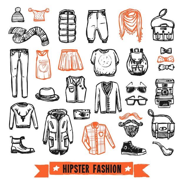 Vetor grátis roupas de moda hipster doodle conjunto de ícones