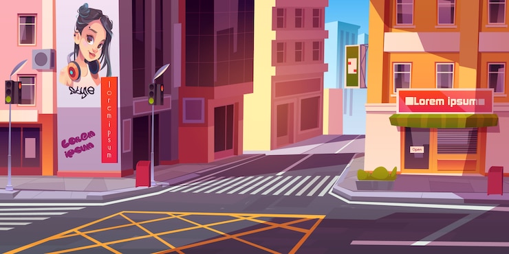 Vetor grátis rua da cidade com casas e scooter na estrada