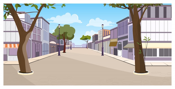 Vetor grátis rua da cidade com edifícios, árvores e pavimento vazio