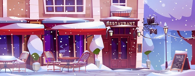 Vetor grátis rua da cidade de inverno com fachada de restaurante