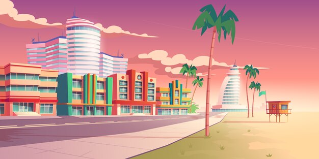 Rua em Miami com hotéis e praia de areia