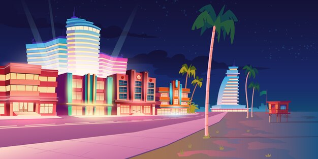 Rua em Miami com hotel e praia de areia à noite